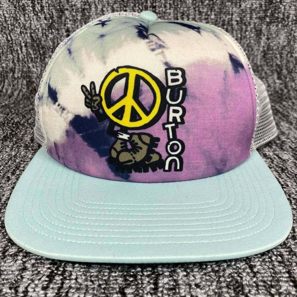 Burton Trucker Hat‎ Mens OS Purple Tie Dye Peace Sign High Profile Mesh Cap